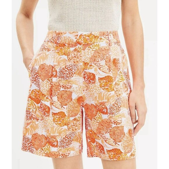 NWT Wmns LOFT Linen Blend Orange White Novelty Seashell Print Peyton Shorts Sz 4 - Picture 2 of 10